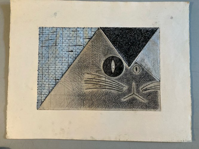 Gravure Antoine Agra Surréaliste Surréalisme estampe Gaufrage 1970 Chat