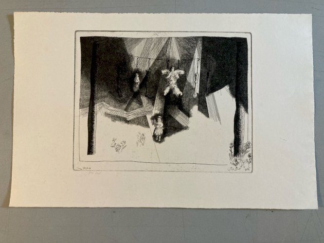 Gravure Antoine Agra Surréaliste Surréalisme estampe pointe sèche 1970 Art