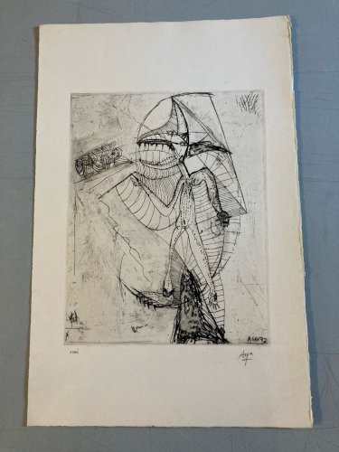 Gravure Antoine Agra Surréaliste Surréalisme estampe pointe sèche Art 1970