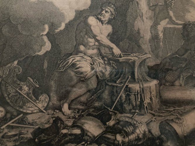 Gravure Après Charles Lebrun Scène Lithologie Forgeron Forge XVIIIe