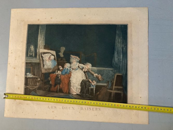 Gravure Aquatinte  XVIIIe Les Deux Baisers 1786 Estampe Couleur Ancien Art