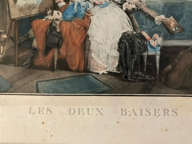 Gravure Aquatinte  XVIIIe Les Deux Baisers 1786 Estampe Couleur Ancien Art