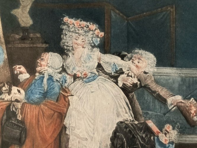 Gravure Aquatinte  XVIIIe Les Deux Baisers 1786 Estampe Couleur Ancien Art