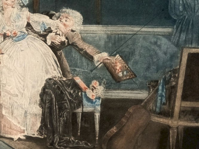 Gravure Aquatinte  XVIIIe Les Deux Baisers 1786 Estampe Couleur Ancien Art