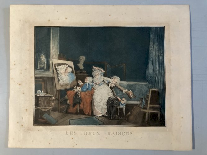 Gravure Aquatinte  XVIIIe Les Deux Baisers 1786 Estampe Couleur Ancien Art