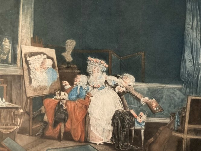 Gravure Aquatinte  XVIIIe Les Deux Baisers 1786 Estampe Couleur Ancien Art