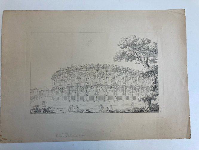 Gravure Architecture 1824 Charles Barbaroux XIXe Nîmes Arène Ancien Rome