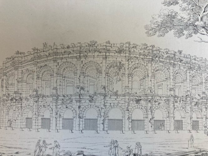 Gravure Architecture 1824 Charles Barbaroux XIXe Nîmes Arène Ancien Rome