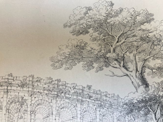 Gravure Architecture 1824 Charles Barbaroux XIXe Nîmes Arène Ancien Rome