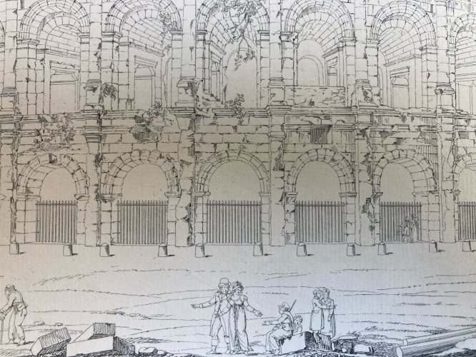 Gravure Architecture 1824 Charles Barbaroux XIXe Nîmes Arène Ancien Rome