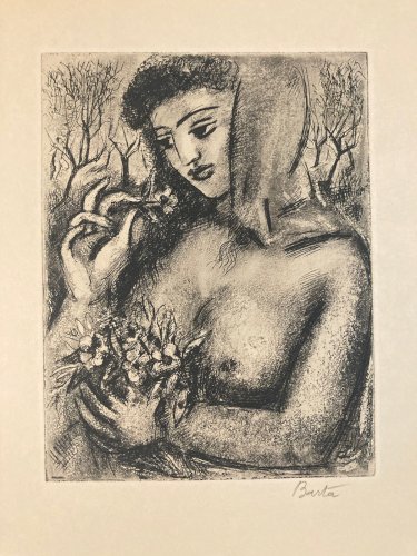 Gravure Art Déco Femme Laszlo Barta Portrait Érotique Nu Nue Eau Forte Seins
