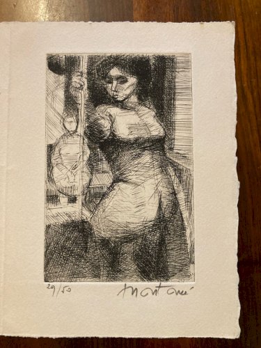 Gravure Art Déco Femme Portrait Érotique A Identifier Signé 1960 XXe Estampe Bus