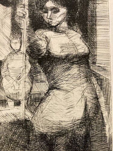 Gravure Art Déco Femme Portrait Érotique A Identifier Signé 1960 XXe Estampe Bus