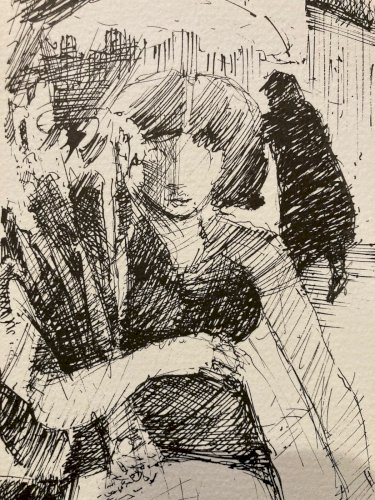 Gravure Art Déco Femme Portrait Érotique A Identifier Signé 1960 XXe Ombrelle