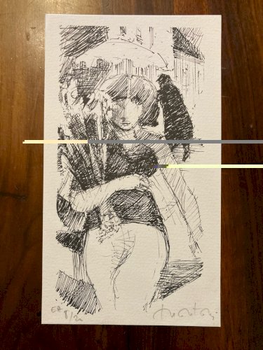 Gravure Art Déco Femme Portrait Érotique A Identifier Signé 1960 XXe Ombrelle