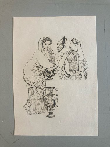 Gravure  Barta 1950 Eau Forte Portrait Romain Art Lithographie Grec Femme Vase