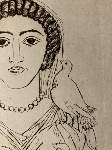 Gravure  Barta 1950 Eau Forte Portrait Romain Lithographie Grec Femme Colombe