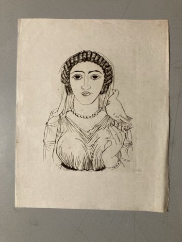 Gravure  Barta 1950 Eau Forte Portrait Romain Lithographie Grec Femme Colombe