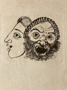 Engraving Barta 1950 Etching Portrait Roman Lithograph Greek Woman Mask Art