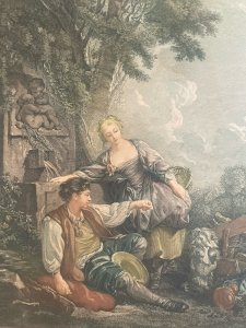 Engraving Boucher Late XVIII Century Painting Dog Obedience Rewarded Antique Art