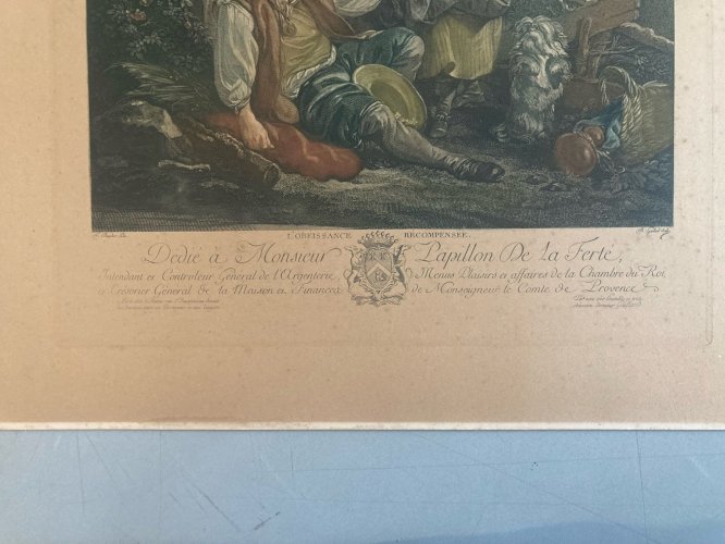 Gravure BoucherFin XVIIIe Peint Chien L’Obéissance Récompensée Art Ancien
