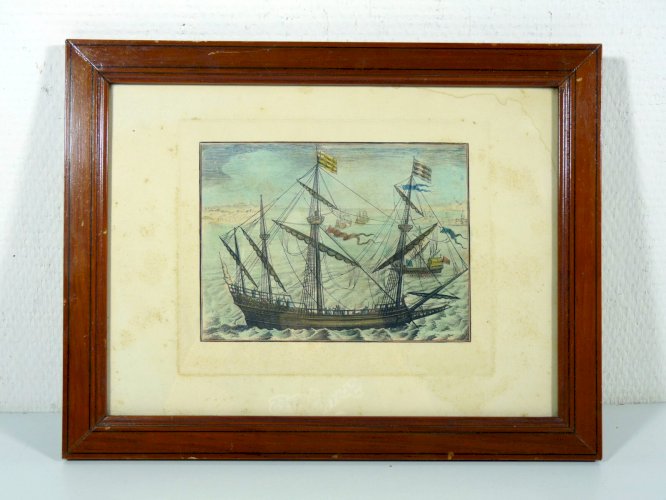 Gravure couleurs MARINE pas de signature visible, cadre bois