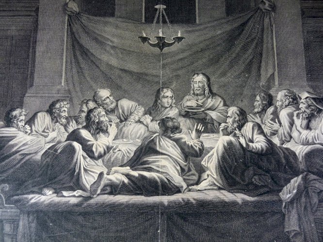 Gravure cuivre XVIII° LA CENE par Benoît Audran d'après Poussin, signée