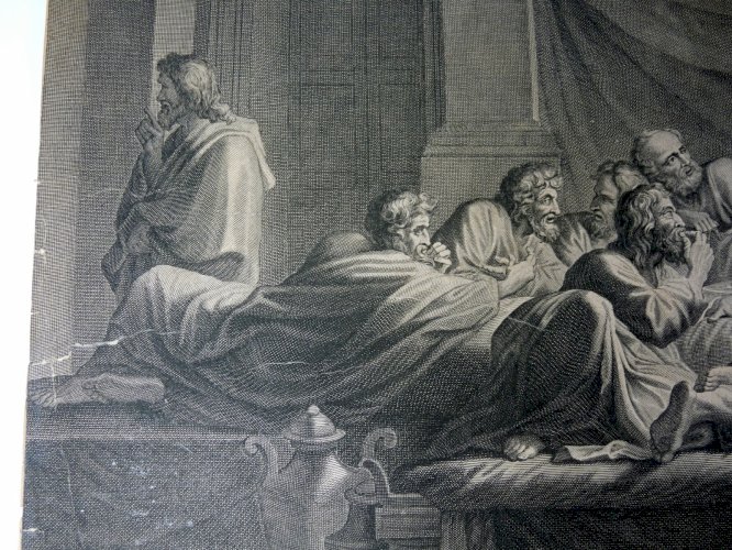 Gravure cuivre XVIII° LA CENE par Benoît Audran d'après Poussin, signée