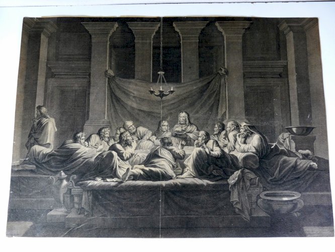 Gravure cuivre XVIII° LA CENE par Benoît Audran d'après Poussin, signée