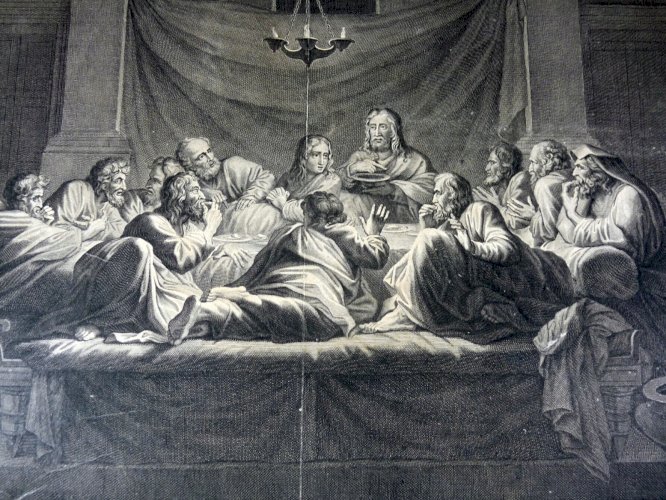 Gravure cuivre XVIII° LA CENE par Benoît Audran d'après Poussin, signée