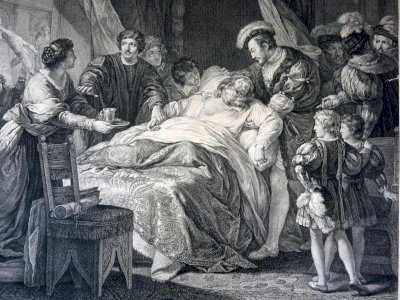 Engraving copper XVIII MORT DE LEONARD DE VINCI / FRANCOIS Jean Charles Levasseur