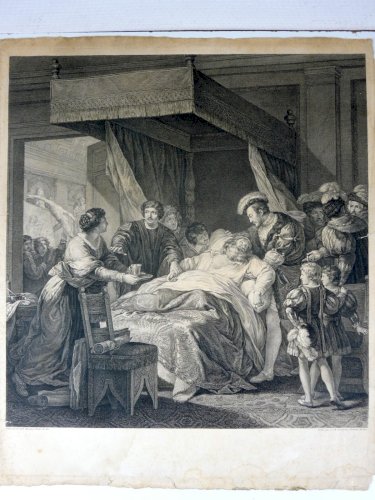 Gravure cuivre XVIII° MORT DE LEONARD DE VINCI / FRANCOIS Jean Charles Levasseur