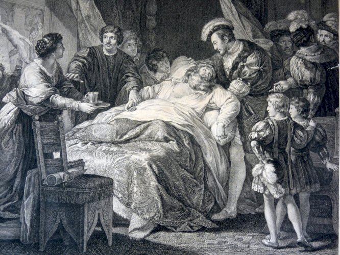 Gravure cuivre XVIII° MORT DE LEONARD DE VINCI / FRANCOIS Jean Charles Levasseur