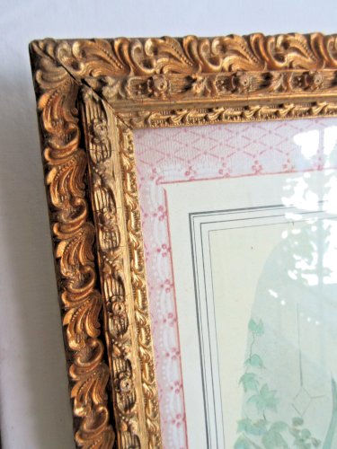 Gravure de mode 1900, 2 femmes en tenue de soirée, cadre bois doré, vitré