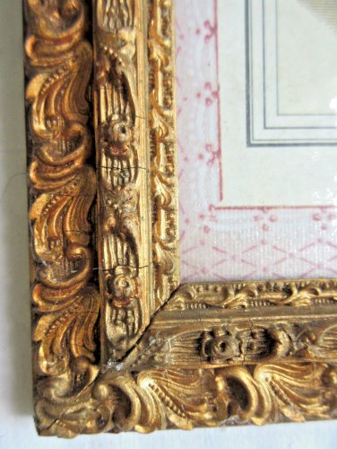 Gravure de mode 1900, 2 femmes en tenue de soirée, cadre bois doré, vitré