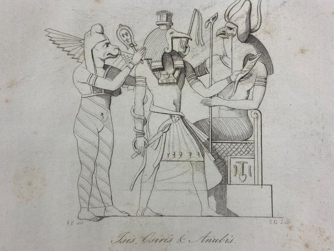 Gravure début XIXe représentant Isis, Osiris & Anubis Egypte antique
