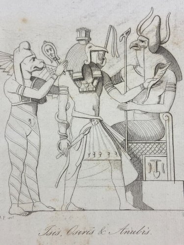 Gravure début XIXe représentant Isis, Osiris & Anubis Egypte antique
