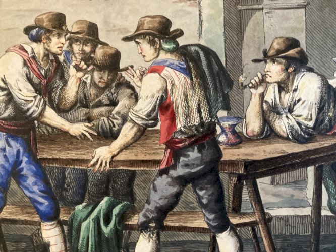 Gravure Etching art Bartolomeo Pinelli Italie Reaussé Gouache Ancien 1803 XIXe