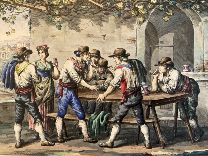 Gravure Etching art Bartolomeo Pinelli Italie Reaussé Gouache Ancien 1803 XIXe