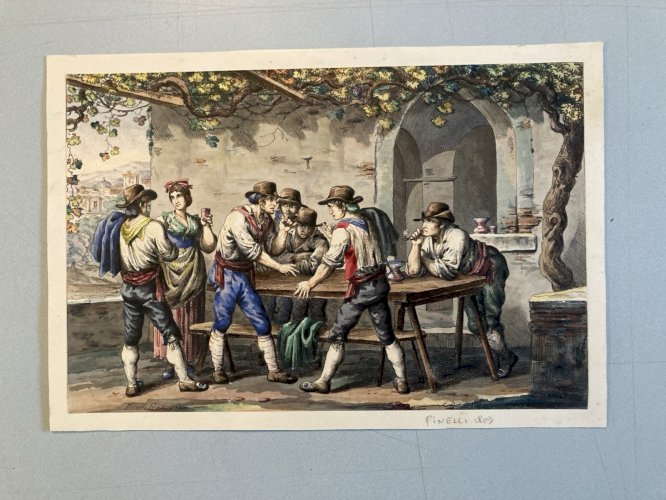Gravure Etching art Bartolomeo Pinelli Italie Reaussé Gouache Ancien 1803 XIXe
