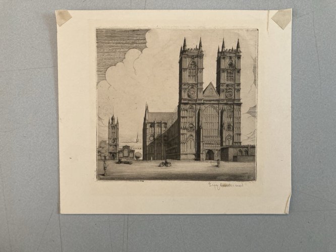 Gravure Guy Underwood Westminster vers 1920 Etching Ancien Art Old Abbaye Église