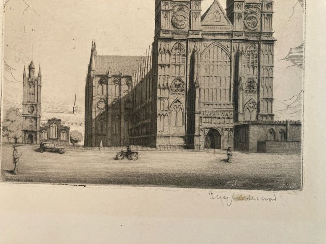 Gravure Guy Underwood Westminster vers 1920 Etching Ancien Art Old Abbaye Église
