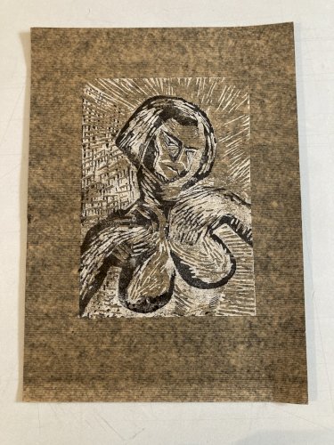 Gravure Lino Bois Art Déco Femme 1970 Nue Nu Buste Herotique Gouache Art Ancien