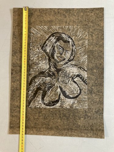 Gravure Lino Bois Art Déco Femme 1970 Nue Nu Buste Herotique Gouache Art Ancien