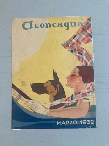 Gravure Lithographie 1932 aconcagua Voiture Chien  Art Ancien Deco A Identifier