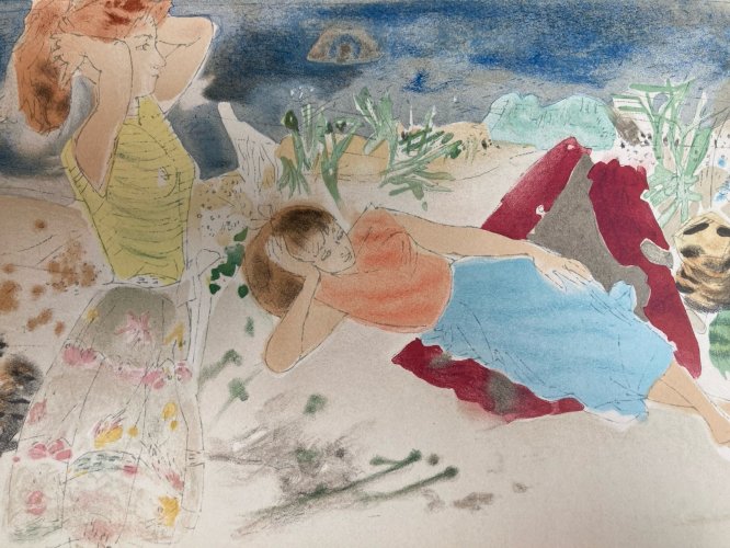 Gravure Lithographie  1950 Ancien La Plage Mer Méditerranée Art À Identifier XXe