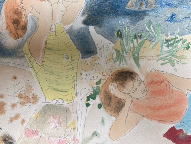 Gravure Lithographie  1950 Ancien La Plage Mer Méditerranée Art À Identifier XXe