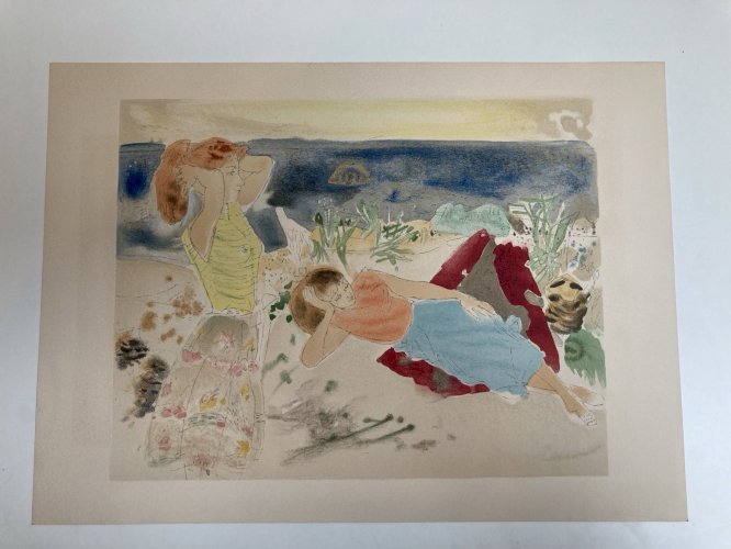 Gravure Lithographie  1950 Ancien La Plage Mer Méditerranée Art À Identifier XXe