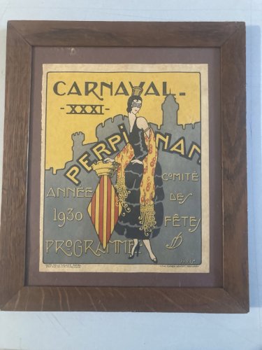Gravure Lithographie Couleur Femme Carnaval De Perpignan 1930 Art Deco Litho