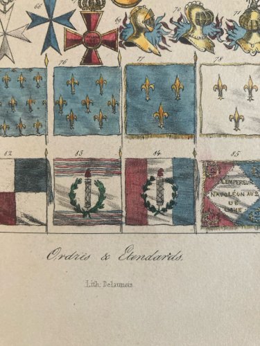 Gravure Lithographie Couleur Ordre Et Étendard  Art Litho Drapeau Médaille XIXe
